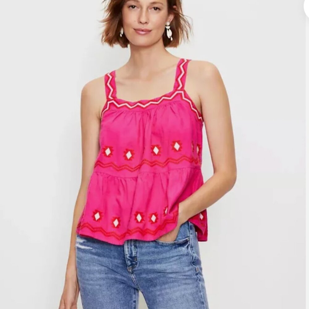LOFT Pink Embroidered Tiered Cami Tank Top Blouse Square Neck Size Small